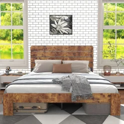 Lit Double 140x200 cm - Lit Adulte en Bois avec Cadre Métal Robuste - Style Industriel - Sans Matelas - Marron