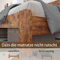 Lit Double 140x200 cm - Lit Adulte en Bois avec Cadre Métal Robuste - Style Industriel - Sans Matelas - Marron