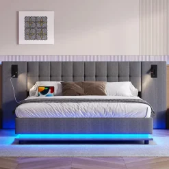 Lit Double 180x200 cm - Lit Adulte Rembourré avec Tête de Lit LED et Prise USB - Lin + MDF - Sans Matelas - Gris