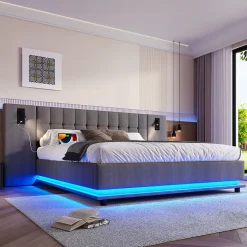 Lit Double 180x200 cm - Lit Adulte Rembourré avec Tête de Lit LED et Prise USB - Lin + MDF - Sans Matelas - Gris