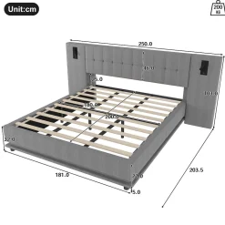 Lit Double 180x200 cm - Lit Adulte Rembourré avec Tête de Lit LED et Prise USB - Lin + MDF - Sans Matelas - Gris