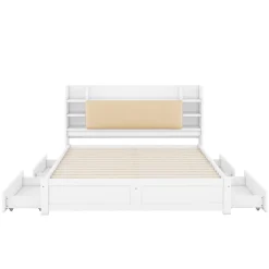 Lit Double 180x200 cm - Lit Adulte avec 4 Tiroirs et Tête Multifonctionnelle - Bois de Pin et MDF - Blanc - Sans Matelas