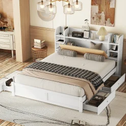 Lit Double 180x200 cm - Lit Adulte avec 4 Tiroirs et Tête Multifonctionnelle - Bois de Pin et MDF - Blanc - Sans Matelas