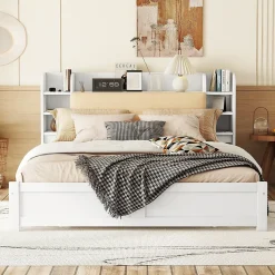 Lit Double 180x200 cm - Lit Adulte avec 4 Tiroirs et Tête Multifonctionnelle - Bois de Pin et MDF - Blanc - Sans Matelas