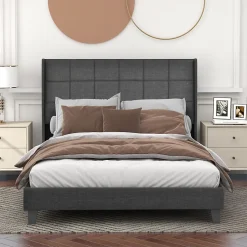 Lit double 140x200 cm - Lit adulte capitonné avec sommier à lattes - Lin - avec Matelas - Gris