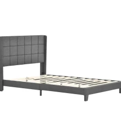 Lit double 140x200 cm - Lit adulte capitonné avec sommier à lattes - Lin - avec Matelas - Gris