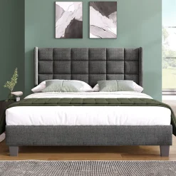 Lit double 140x200 cm - Lit adulte capitonné avec sommier à lattes - Lin - Sans Matelas - Gris