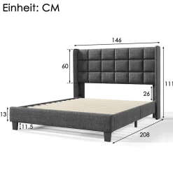 Lit double 140x200 cm - Lit adulte capitonné avec sommier à lattes - Lin - Sans Matelas - Gris