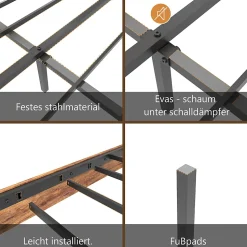 Lit Double 160x200 cm - Lit Adulte en Bois avec Cadre Métal Robuste - Style Industriel - Sans Matelas - Marron