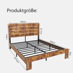 Lit Double 160x200 cm - Lit Adulte en Bois avec Cadre Métal Robuste - Style Industriel - Sans Matelas - Marron
