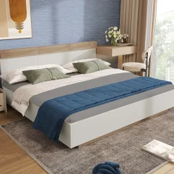 Lit double 160x200 cm - Lit adulte flottant en bois massif avec sommier à lattes - Bois massif - Sans Matelas - Naturel