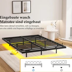 Lit Double 140x200 cm - Lit Adulte Metal avec Éclairage LED et Ports USB, Contrôle Télécommande App, Noir, sans Matelas