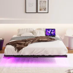 Lit Double 140x200 cm - Lit Adulte Metal avec Éclairage LED et Ports USB, Contrôle Télécommande App, Noir, sans Matelas
