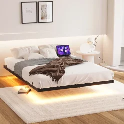 Lit Double 140x200 cm - Lit Adulte Metal avec Éclairage LED et Ports USB, Contrôle Télécommande App, Noir, sans Matelas