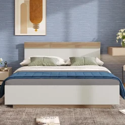 Lit double 140x200 cm - Lit adulte flottant en bois massif avec sommier à lattes - Bois massif - Sans Matelas - Naturel