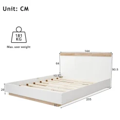 Lit double 140x200 cm - Lit adulte flottant en bois massif avec sommier à lattes - Bois massif - Sans Matelas - Naturel