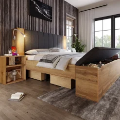 Lit Double 180x200 cm - Lit Adulte avec Tête de Lit Rabattable et Rangement - 2 Tables de Chevet et Banc - Sans Matelas - Naturel