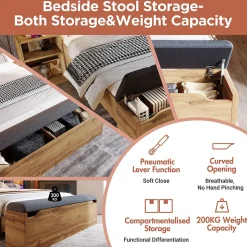 Lit Double 180x200 cm - Lit Adulte avec Tête de Lit Rabattable et Rangement - 2 Tables de Chevet et Banc - Sans Matelas - Naturel