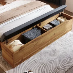 Lit Double 180x200 cm - Lit Adulte avec Tête de Lit Rabattable et Rangement - 2 Tables de Chevet et Banc - Sans Matelas - Naturel