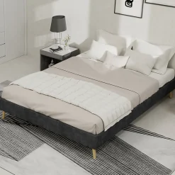 Lit Double 140x200 cm - Lit Adulte/Ado Moderne Style Minimaliste Sans Tête de Lit ni Matelas, Cadre Métal, Velours, Gris