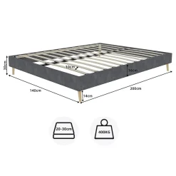 Lit Double 140x200 cm - Lit Adulte/Ado Moderne Style Minimaliste Sans Tête de Lit ni Matelas, Cadre Métal, Velours, Gris