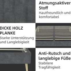 Lit Double 140x200 cm - Lit Adulte/Ado Moderne Style Minimaliste Sans Tête de Lit ni Matelas, Cadre Métal, Velours, Gris