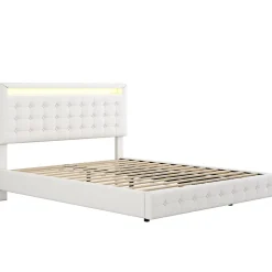 Lit double 140x200 cm - Lit adulte avec éclairage LED et tête de lit réglable - PU + MDF - Sans matelas - Blanc
