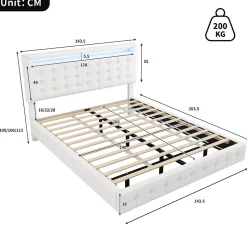 Lit double 140x200 cm - Lit adulte avec éclairage LED et tête de lit réglable - PU + MDF - Sans matelas - Blanc
