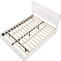 Lit double 140x200 cm - Lit adulte avec éclairage LED et tête de lit réglable - PU + MDF - Sans matelas - Blanc