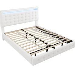 Lit double 140x200 cm - Lit adulte avec éclairage LED et tête de lit réglable - PU + MDF - Sans matelas - Blanc