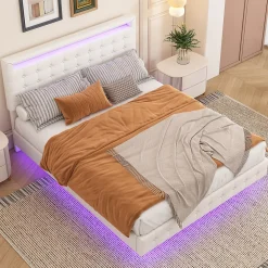 Lit double 140x200 cm - Lit adulte avec éclairage LED et tête de lit réglable - PU + MDF - Sans matelas - Blanc