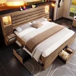 Lit Double 160x200 cm - Lit Adulte avec Rangement et Éclairage LED - Port USB et Niche Lumineuse - Sans Matelas - Bois - Chêne