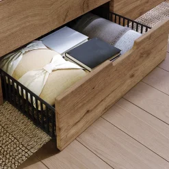 Lit Double 160x200 cm - Lit Adulte avec Rangement et Éclairage LED - Port USB et Niche Lumineuse - Sans Matelas - Bois - Chêne