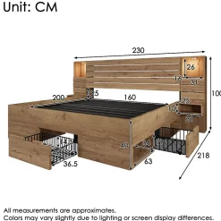 Lit Double 160x200 cm - Lit Adulte avec Rangement et Éclairage LED - Port USB et Niche Lumineuse - Sans Matelas - Bois - Chêne