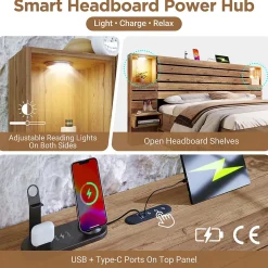 Lit Double 160x200 cm - Lit Adulte avec Rangement et Éclairage LED - Port USB et Niche Lumineuse - Sans Matelas - Bois - Chêne