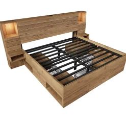 Lit Double 160x200 cm - Lit Adulte avec Rangement et Éclairage LED - Port USB et Niche Lumineuse - Sans Matelas - Bois - Chêne