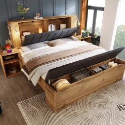 Lit Double 160x200 cm - Lit Adulte avec Tête de Lit Rabattable et Rangement - 2 Tables de Chevet et Banc - Sans Matelas - Naturel