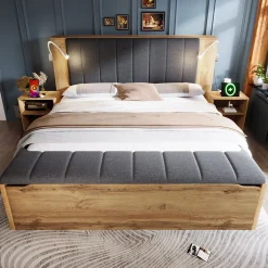 Lit Double 160x200 cm - Lit Adulte avec Tête de Lit Rabattable et Rangement - 2 Tables de Chevet et Banc - Sans Matelas - Naturel