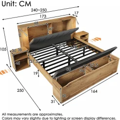 Lit Double 160x200 cm - Lit Adulte avec Tête de Lit Rabattable et Rangement - 2 Tables de Chevet et Banc - Sans Matelas - Naturel