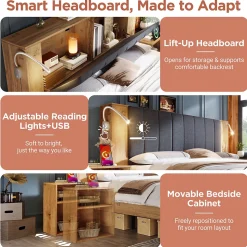 Lit Double 160x200 cm - Lit Adulte avec Tête de Lit Rabattable et Rangement - 2 Tables de Chevet et Banc - Sans Matelas - Naturel