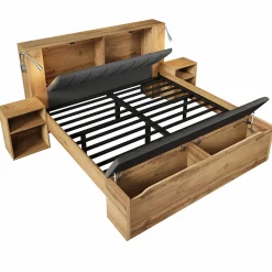 Lit Double 160x200 cm - Lit Adulte avec Tête de Lit Rabattable et Rangement - 2 Tables de Chevet et Banc - Sans Matelas - Naturel
