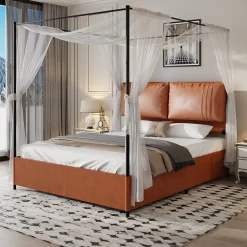 Lit Double 140x200 cm - Lit Adulte en PU avec Têtières Amovibles et Boucles Métalliques - design Moderne - Sans Matelas - Beige