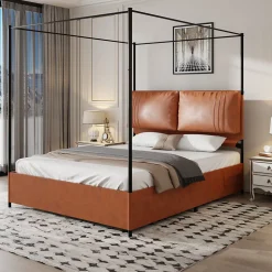 Lit Double 140x200 cm - Lit Adulte en PU avec Têtières Amovibles et Boucles Métalliques - design Moderne - Sans Matelas - Beige