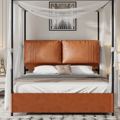 Lit Double 140x200 cm - Lit Adulte en PU avec Têtières Amovibles et Boucles Métalliques - design Moderne - Sans Matelas - Beige