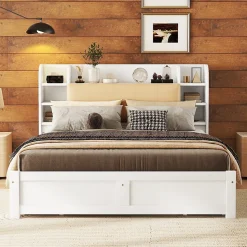 Lit Double 160x200 cm - Lit Adulte avec 4 Tiroirs et Tête Multifonctionnelle - Bois de Pin et MDF - Blanc - Sans Matelas