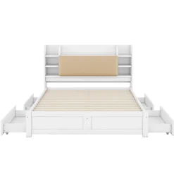 Lit Double 160x200 cm - Lit Adulte avec 4 Tiroirs et Tête Multifonctionnelle - Bois de Pin et MDF - Blanc - Sans Matelas