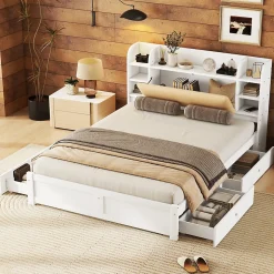 Lit Double 160x200 cm - Lit Adulte avec 4 Tiroirs et Tête Multifonctionnelle - Bois de Pin et MDF - Blanc - Sans Matelas