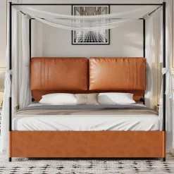 Lit Double 180x200 cm - Lit Adulte en PU avec Têtières Amovibles et Boucles Métalliques - design Moderne - Sans Matelas - Beige