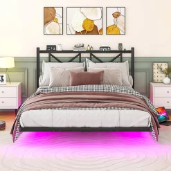 Lit Double 140x200 cm - Lit Adulte Moderne, avec Rangements, Éclairage LED Multicolore et Prises USB - Métal Noir, sans Matelas