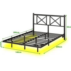 Lit Double 140x200 cm - Lit Adulte Moderne, avec Rangements, Éclairage LED Multicolore et Prises USB - Métal Noir, sans Matelas